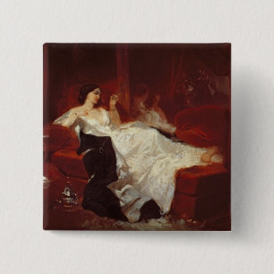 Frau auf einem roten Sofa Button