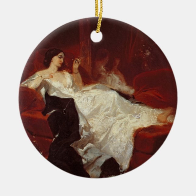 Frau auf einem roten Sofa Keramikornament (Vorne)