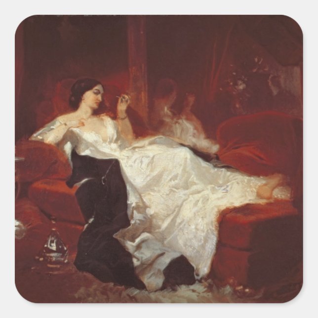 Frau auf einem roten Sofa Quadratischer Aufkleber (Vorderseite)