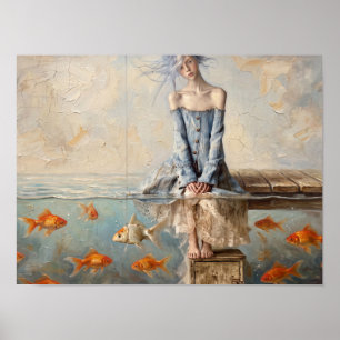 Frau auf Pier mit Goldfisch-Gemälde Poster