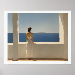 Frau auf Terrasse mit Blick auf das Meer Poster