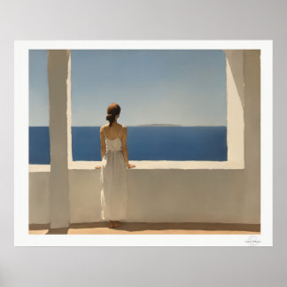 Frau auf Terrasse mit Blick auf das Meer Poster