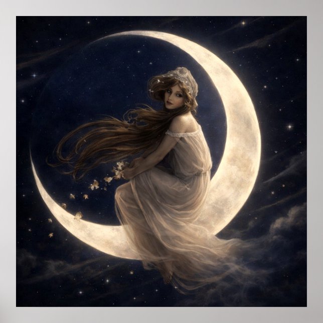 Frau auf zunehmendem Mond mit Blumen Poster (Vorne)