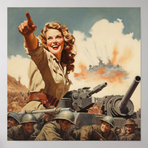 Frau aus dem Zweiten Weltkrieg zeigt Poster