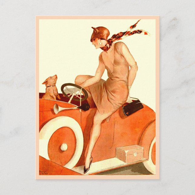 Frau, Auto und Hund der 20er Jahre Postkarte (Vorderseite)