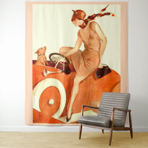 Frau, Auto und Hund der 20er Jahre Wandteppich