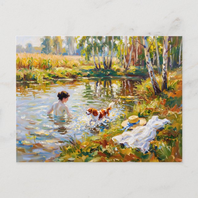 Frau badet im Teich mit Cavalier Spaniel Postkarte (Vorderseite)