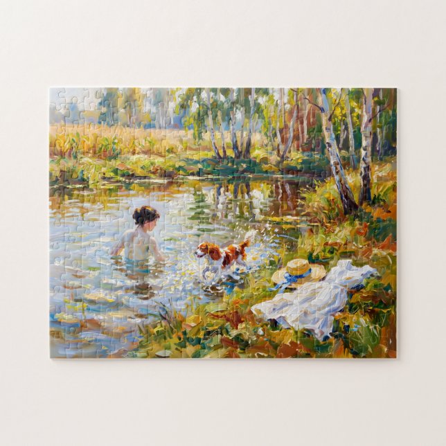 Frau badet im Teich mit Cavalier Spaniel Puzzle (Horizontal)