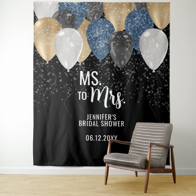 Frau Balloon Denim Brautparty Backdrop Wandteppich (Beispiel)
