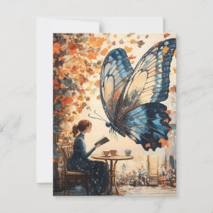 Frau beim Lesen mit riesigem Schmetterling abstrak Postkarte
