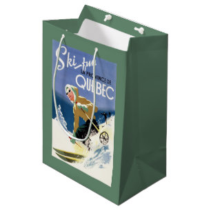 Frau beim Skifahren - Plakat auf Englisch und Fran Mittlere Geschenktüte