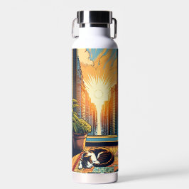 Frau beobachtet den Sonnenaufgang mit ihrer Katze Trinkflasche