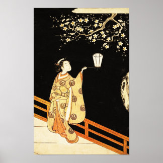 Frau bewundert Plum-Blüten bei Nacht Poster