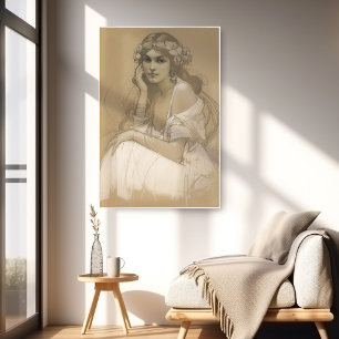 Frau Bleistift Weißer Wachsmalstift Porträtstudie Poster