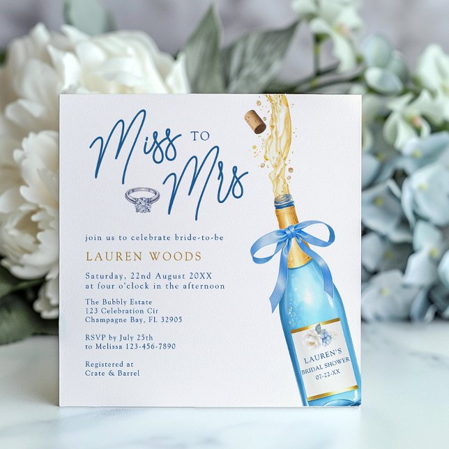 Frau Blue Champagne Brautparty Einladung (Miss to Mrs - Bridal Shower Invite)