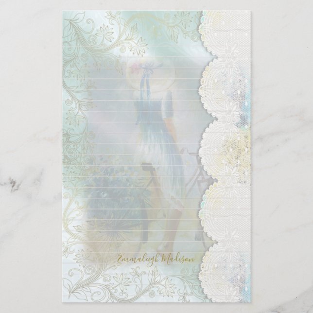 Frau Blue Dress Riding Bike Imitate Spitzen Lined Briefpapier (Vorderseite)