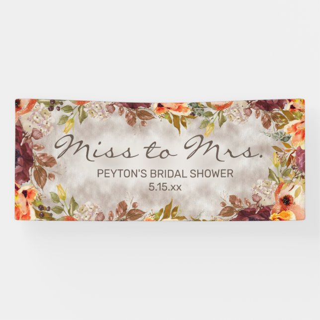 Frau Burgundy Orange Floral Brautparty Banner (Horizontal)