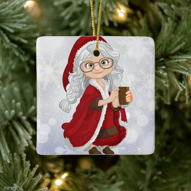 Frau Claus Keramikornament (She has long wavy gray hair and large glasses, holding a drink in hand!)