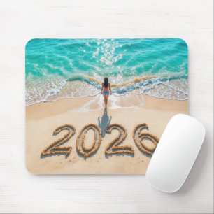 Frau, die an einem Neujahr 2026 Strand entlangläuf Mousepad