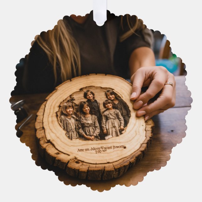 Frau, die auf eine Gravur ihrer Kinder herabblickt Ornament Karte (Vorderseite)