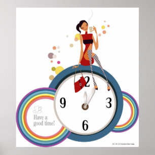Frau, die auf einer Uhr sitzt und eine Teeschale Poster