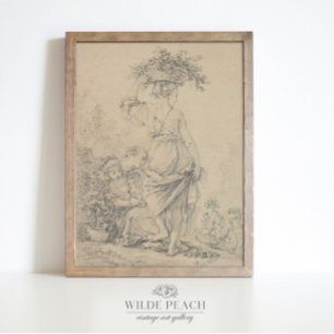 Frau, die Blumen sammelt, Vintage-Skizze,  Poster