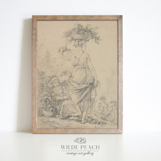 Frau, die Blumen sammelt, Vintage-Skizze, Poster