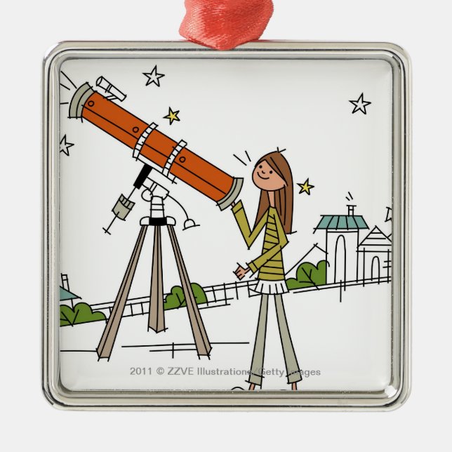 Frau, die ein Astronomieteleskop verwendet Silbernes Ornament (Vorne)