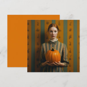 Frau, die einen Pumpkin hält Feiertagskarte