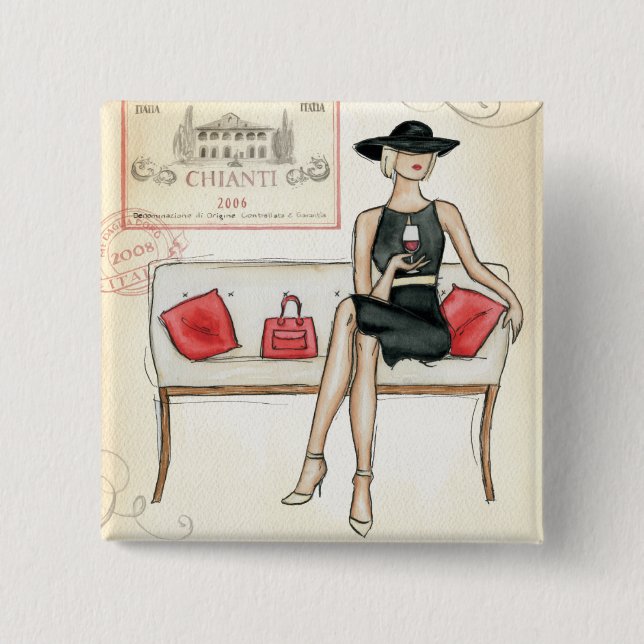 Frau, die Rotwein trinkt Button (Vorderseite)