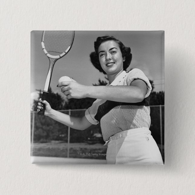 Frau, die Tennis 3 spielt Button (Vorderseite)
