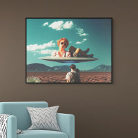 Frau entspannt sich auf einem UFO in der Wüste