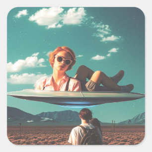 Frau entspannt sich auf einem UFO in der Wüste Quadratischer Aufkleber