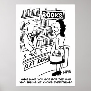 Frau erkundigt sich in einer Buchhandlung. Lustige Poster