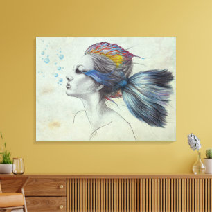 Frau Fisch Meerjungfrau Portrait Surreal Zeichnung Leinwanddruck
