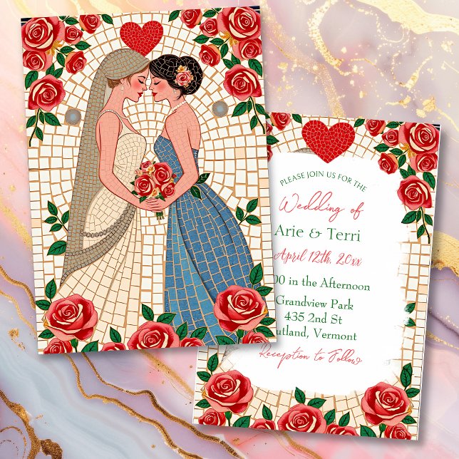Frau & Frau Lesbian Wedding Mosaic Tile und Rose Einladung (Von Creator hochgeladen)