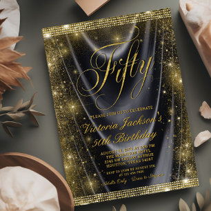 Frau Glam Schwarz Gold 50. Geburtstag Einladung