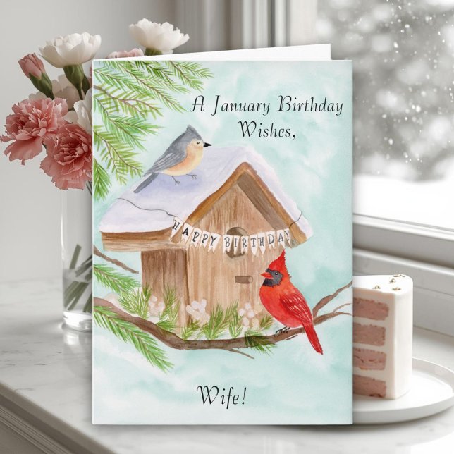 Frau Glücklicher Januar Geburtstag Vögel Karte (Von Creator hochgeladen)