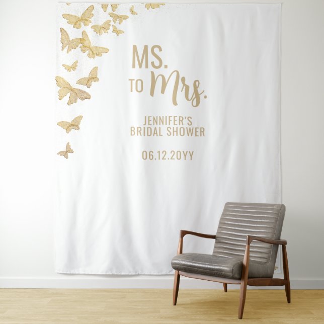 Frau Gold Butterfly White Bridal Hintergrund Wandteppich (Beispiel)