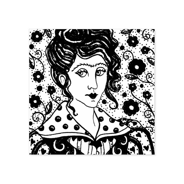 FRAU, GOTHISCHES PORTRAIT, FOLK ART, BLUME & VINES GUMMISTEMPEL (Prägung)