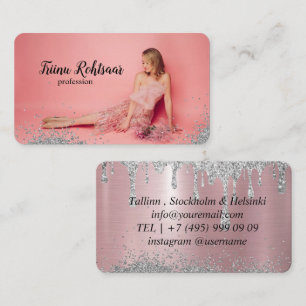 Frau Haare Rosa Party Kleid Posieren Visitenkarte