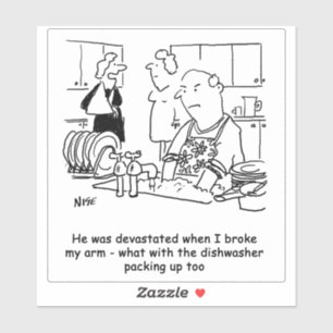 Frau hat gebrochenen Arm Mann muss Geschirr wasche Aufkleber