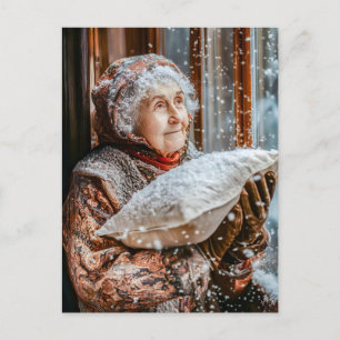 Frau Holle schüttelt Schnee vom Himmel Postkarte