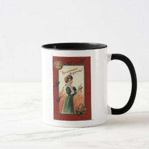 Frau im grünen Kleid, das Apple abzieht Tasse