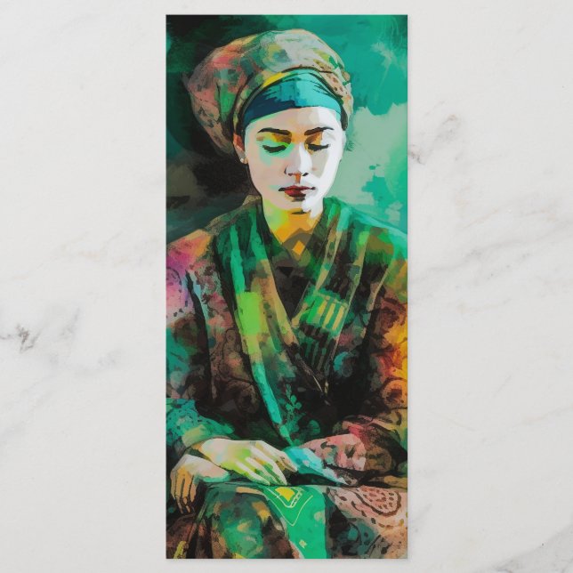 Frau im grünen Lesezeichen Menükarte (Vorderseite)