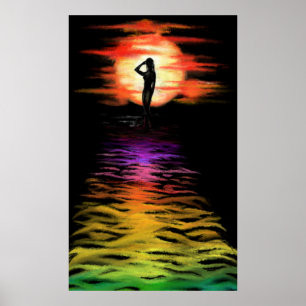 Frau im Meer Sonnenuntergang Poster - Malerei Art