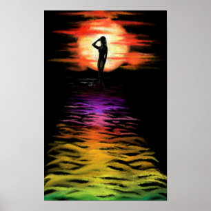 Frau im Meer Sonnenuntergang Poster - Malerei Art
