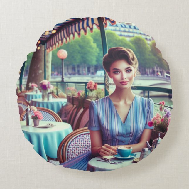 Frau im Restaurant Rundes Kissen (Vorderseite)
