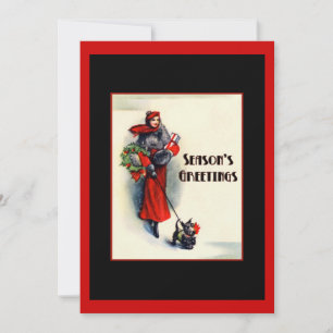 Frau im roten Mantel mit Scottish Terrier Open Hou Einladung