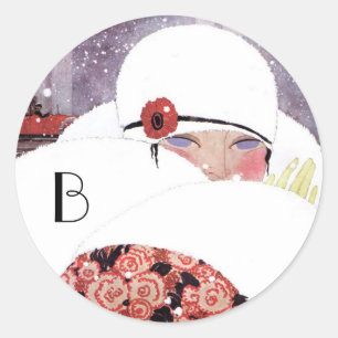 FRAU IM SCHNEE, WINTERSCHÖNHEIT-FASHION-MONOGRAMM RUNDER AUFKLEBER